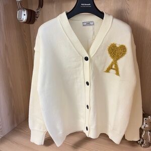 Ami Women's Cream Cardigan with Gold Emblem
